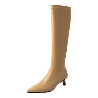 猫跟高筒弹力瘦瘦靴尖头细跟长靴