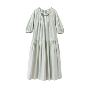 popchrio◆莱赛尔棉设计感串珠泡泡半中袖连衣裙度假风中长款裙子