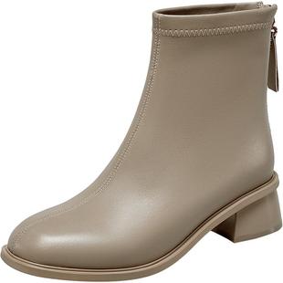 意尔康女鞋秋冬休闲短靴粗跟单靴气质瘦瘦靴复古及踝靴女士皮鞋