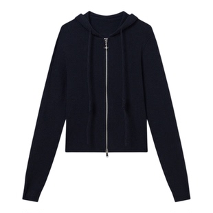 Jamor加墨时尚黑色连帽针织衫2025秋冬新款双头拉链青春拼接