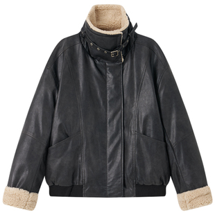 Halo Luu黑色皮毛一体外套女冬季韩系巨好看羊羔毛皮衣加厚机车服