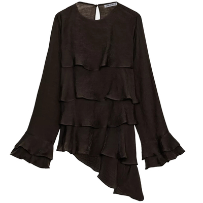 ZARluvip查罗不对称荷叶边衬衫女