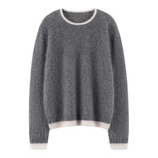 25秋冬新款100%纯山羊绒衫女软糯圆领假两件拼色拉绒针织羊绒套衫