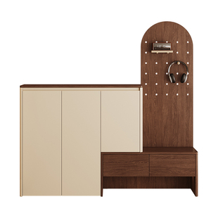 中古奶油风入户门口鞋柜带坐凳一体洞洞板玄关柜家用定制门厅柜