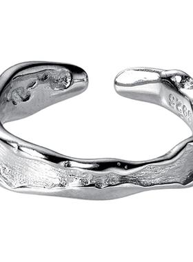 s925银戒指女锡纸不规则褶皱肌理纹凹凸拉丝开口金属风指环