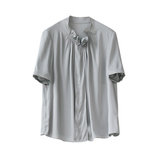 桑蚕丝上衣女设计感小众夏季短袖宽松法式高端气质荷叶领真丝衬衫