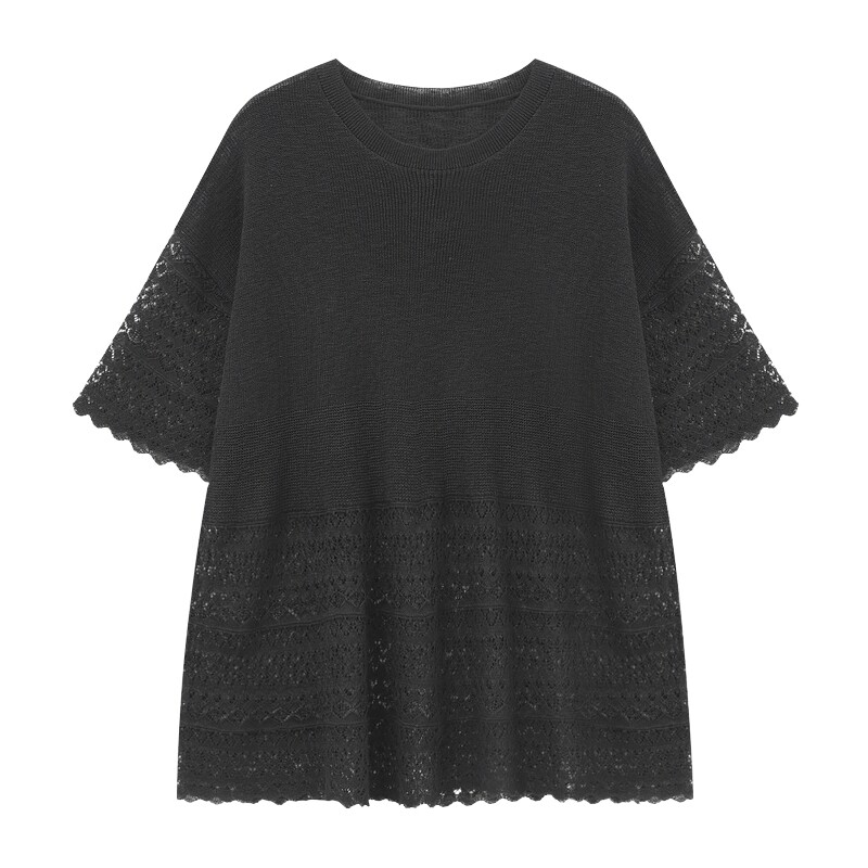 Basic House/百家好蕾丝拼接镂空针织衫夏新款纯色圆领慵懒风上衣