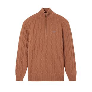 GANT/甘特2025秋冬男士纯羊毛衫半高领复古绞花半拉链毛衣针织衫