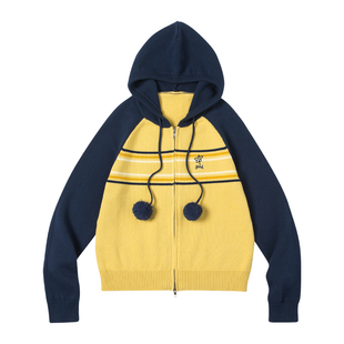 美好商店MeihaoStore小花刺绣连帽插肩袖双向拉链开衫毛衣小版型