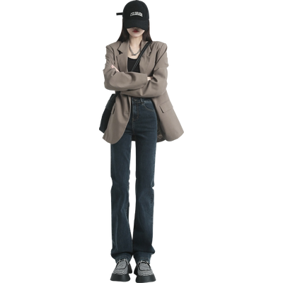 佩艳直筒裤牛仔裤女长裤蓝灰高腰