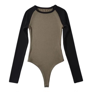 拼色磨毛加绒长袖连体衣女外穿秋冬季紧身性感打底衫内搭连裆上衣