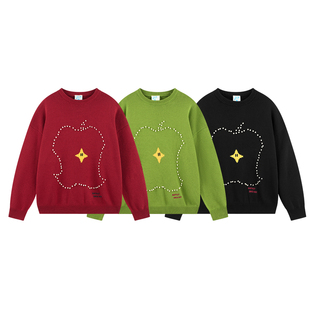 NARTALIY星芒代码珍珠红苹果套头圆领毛衣男女情侣秋冬慵懒针织衫