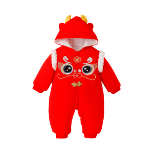 巴布豆婴儿连体衣鸿运喜庆260g夹棉保暖男女宝宝周岁连帽外出爬服