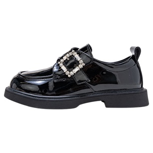 英氏女童英伦风小皮鞋春季新款校园演出乐福鞋黑色大童魔术贴单鞋