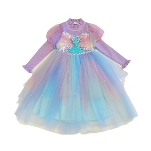 女童美人鱼公主裙秋冬儿童加厚毛衣裙小女孩洋气渐变礼服蓬蓬裙子