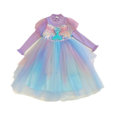 女童秋超仙彩虹渐变美人鱼公主裙