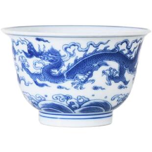 景德镇薄胎龙纹杯品茗杯青花双龙献瑞主人杯仿明复古家用功夫茶具