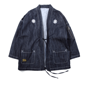 国潮kimono日系和风道袍男余文乐复古宽松刺绣七分袖开衫夹克外套