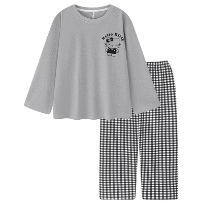 卡通格子KT猫睡衣女款秋冬季德绒长袖套装冬天薄绒保暖学生家居服