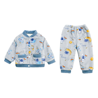 男童睡衣冬季法兰绒男孩三层加厚衣服夹棉家居服宝宝超厚保暖套装