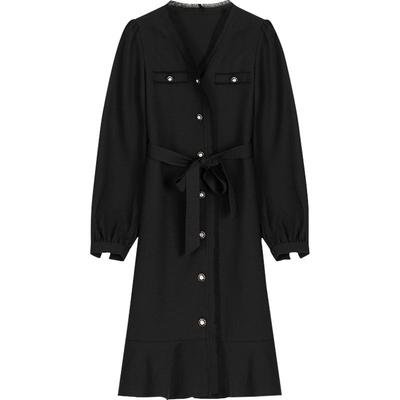 Lagogo拉谷谷秋季新款高腰黑色复古气质V领小香风连衣裙女气质款