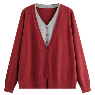 新年战袍氛围感胖莹莹大码女装撞色假两件V领宽松显瘦弹力针织衫