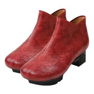 相伴真皮短靴女新款2025秋冬新款复古女靴民族风红色原创短筒靴子