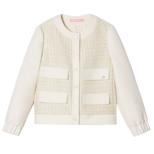 SALT.P可颜2024年冬季新款黑/白毛呢拼接小香风圆领直筒短外套女