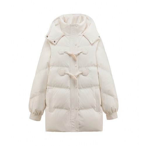 牛角扣白鸭连帽绒羽绒服女冬装大码胖mm260斤中长款气质保暖外套