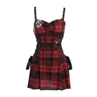 辣妹朋克亚比裙黑红格子绑带暗黑哥特收腰吊带裙亚文化a字连衣裙