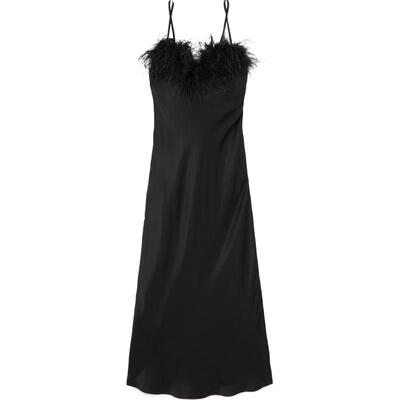 Sleeper 春夏女羽毛缎面中长小黑裙连衣裙