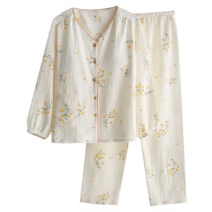 纯棉带胸垫睡衣女款春秋季长袖长裤棉纱布家居服套装防凸点可外穿