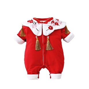 婴儿衣服秋冬新款薄棉满月服抓周礼服女宝宝连体衣夹棉红色外穿