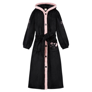 RoseTree珊瑚绒睡袍女款冬季可爱连帽黑色加绒保暖法兰绒睡衣长款