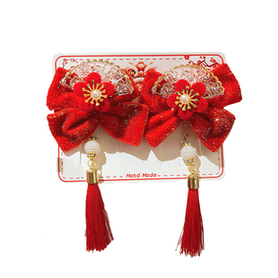 新年红色儿童喜庆发夹蝴蝶结过年发卡古风头饰中国风女童汉服发饰