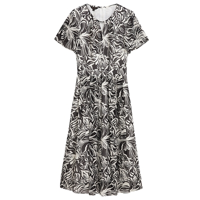 【真丝系列】YINER音儿夏季桑蚕丝法式镂空V领黑白印花连衣裙