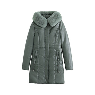 啄木鸟中长款PU皮棉服女士2025冬季新款修身高端奢华加绒皮衣外套