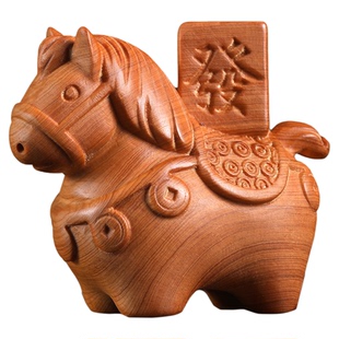 天然崖柏木雕刻马上发财属马本命年文玩手把件治愈系招财马年摆件