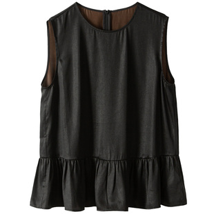 光泽古典垂顺俏皮荷叶下摆素绉缎非遗香云纱真丝无袖衬衫背心上衣