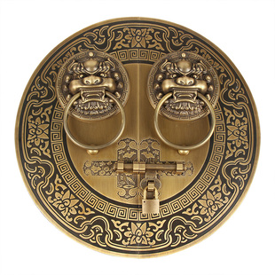 新中式仿古纯铜大门插销门锁麒麟头门环铜拉手古典别墅木门门把手