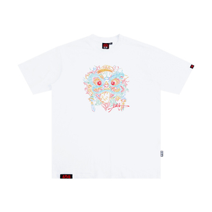 朱铁雄 x HEA联名国潮醒狮短袖T恤男女同款纯棉落肩袖宽松情侣衫