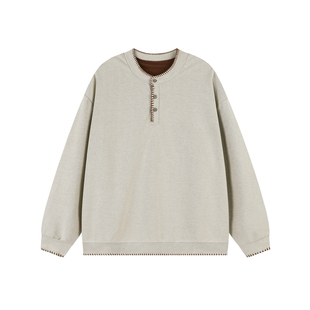 Dream made老钱风手缝线亨利领卫衣男秋冬季重磅无帽上衣男生内搭