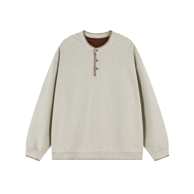 Dream made老钱风手缝线亨利领卫衣男秋冬季重磅无帽上衣男生内搭