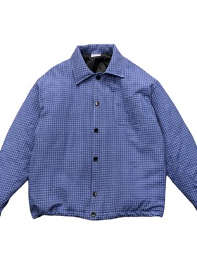 小香风格子棉服棉衣白色蓝色外套男宽松翻领运动上衣浅蓝色夹克潮