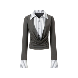 JAC FLEURANT2026春夏新品假两件荡领拼接条纹长袖下衬衫女两色