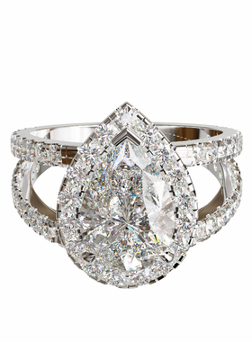 18K金梨形主石围镶三层分臂光面戒轻奢小众设计婚戒可定制食指戒