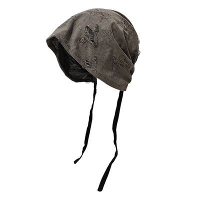 帽子女款春夏季大头围系带堆堆帽2025新款时尚百搭冷帽破洞包头帽