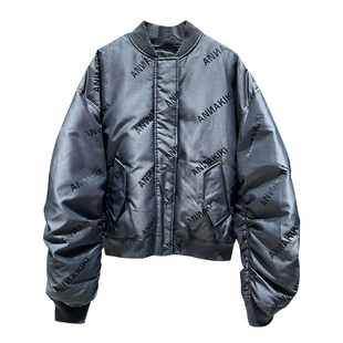 ANNAKIKI羽绒服 设计师款女装小众 灰色LOGO提花宽松廓形棒羽绒服