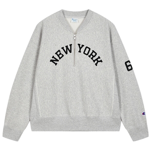 Champion冠军半拉链加绒卫衣女25冬季新款V领红色校园球衣风宽松