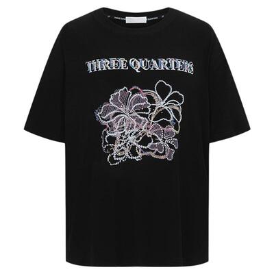 Three Quarters 春夏新款女士黑色莱赛尔印花烫钻宽松T恤 301355